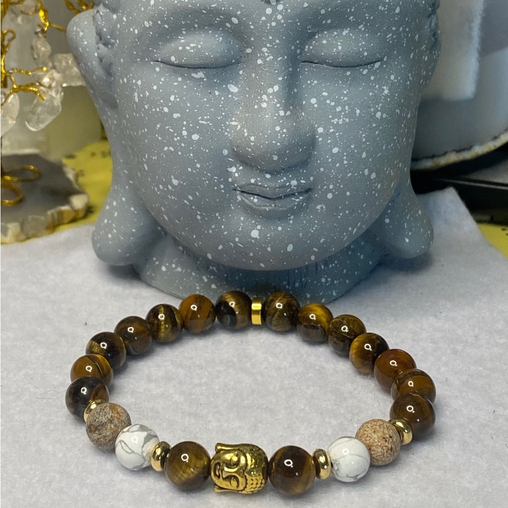 8mm Tiger’s Eye, Howlite & Jasper Buddha Gemstone Bracelet